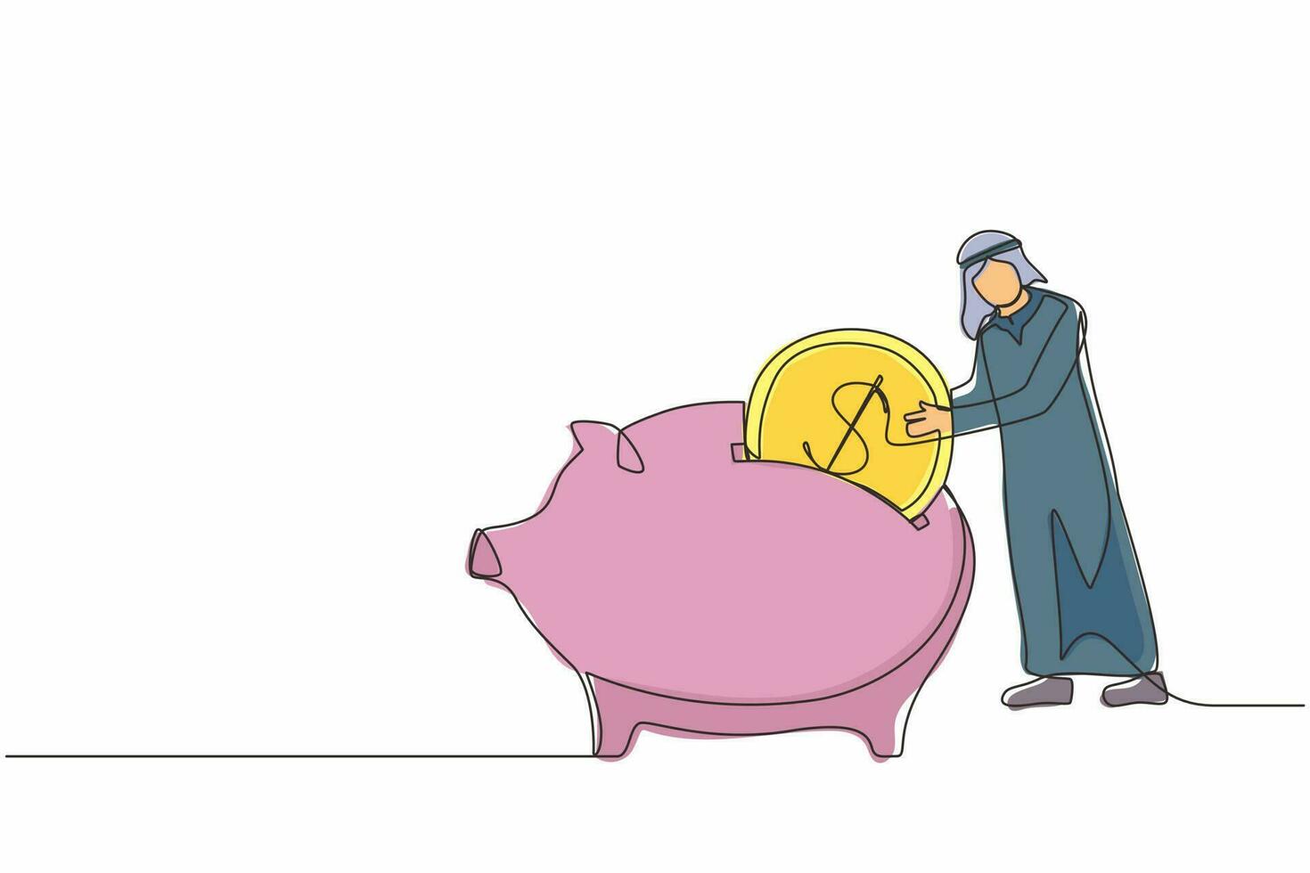 enda en rad ritning arabisk affärsman sätta dollar mynt i spargris. pengabesparingar, personliga investeringar, ekonomi, finansiering, bankinsättning, kapitalackumulering. kontinuerlig linje design vektor