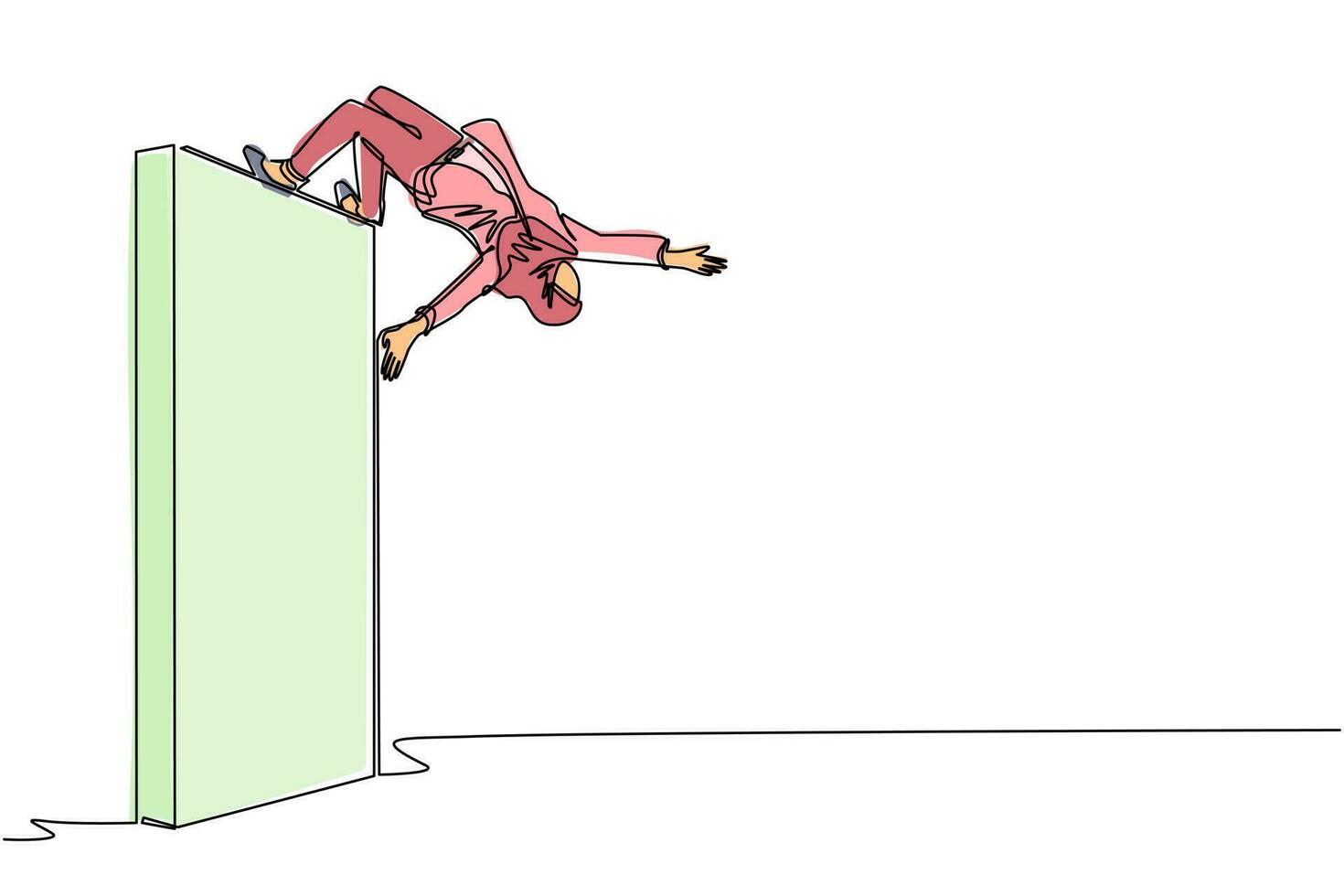 Eine einzelne Strichzeichnung einer arabischen Geschäftsfrau, die mit akrobatischem Overhead-Stil über die Ziegelmauer springt, um sein Ziel zu erreichen. geschäftsfrau, die über mauer von barrieren springt. Designvektor mit durchgehender Linie vektor