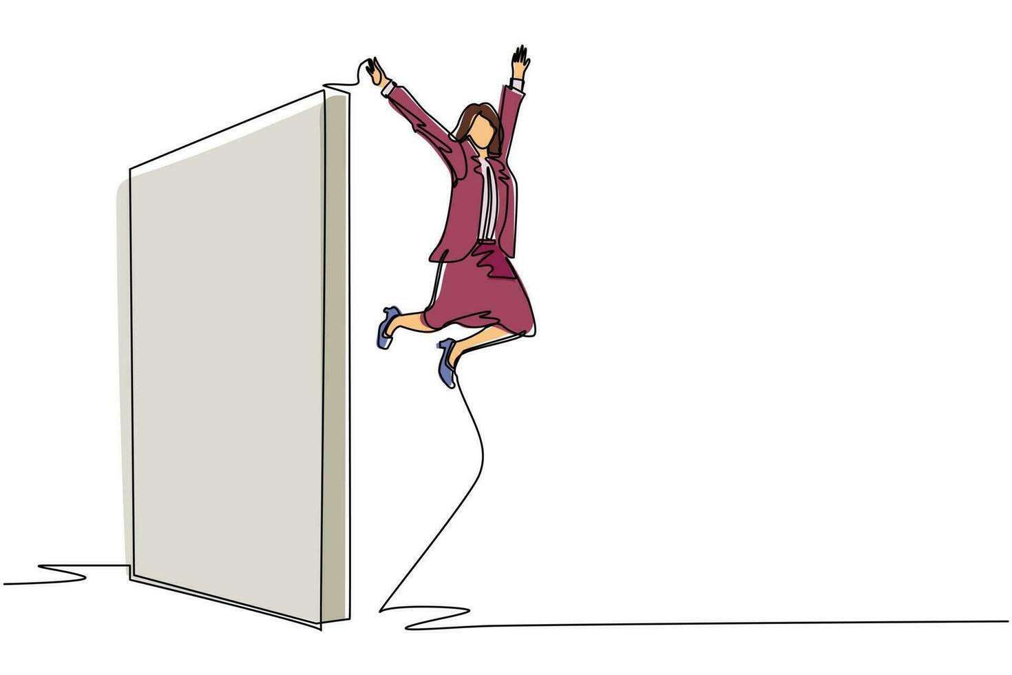 durchgehende einstrichzeichnung geschäftsfrau schaffte es, über die mauer zu springen. Frau springt über die Mauer, außerhalb der Komfortzone, um neue Erfahrungen zu sammeln, Spaß zu haben und aufgeregt zu sein. einzeiliges zeichnen design vektorgrafik vektor
