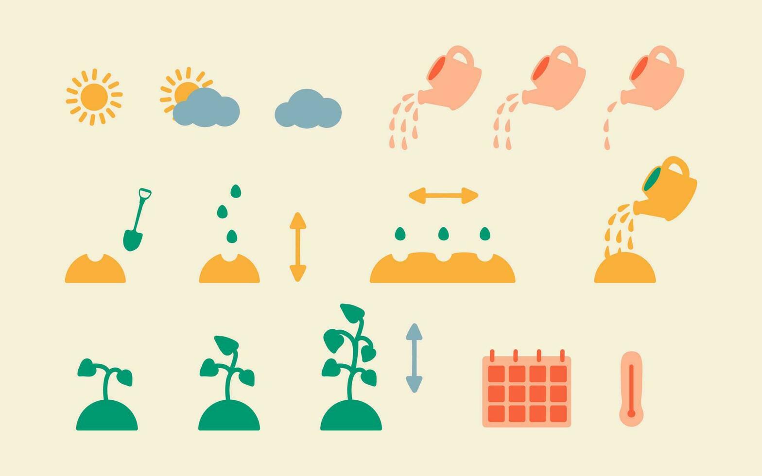 steg för steg instruktioner för plantering växt och blomma frön. vektor ikoner av plantering och utsäde tillväxt bearbeta, vattning Betygsätta, temperatur och plantering kalender. fröplanta tillväxt bearbeta.