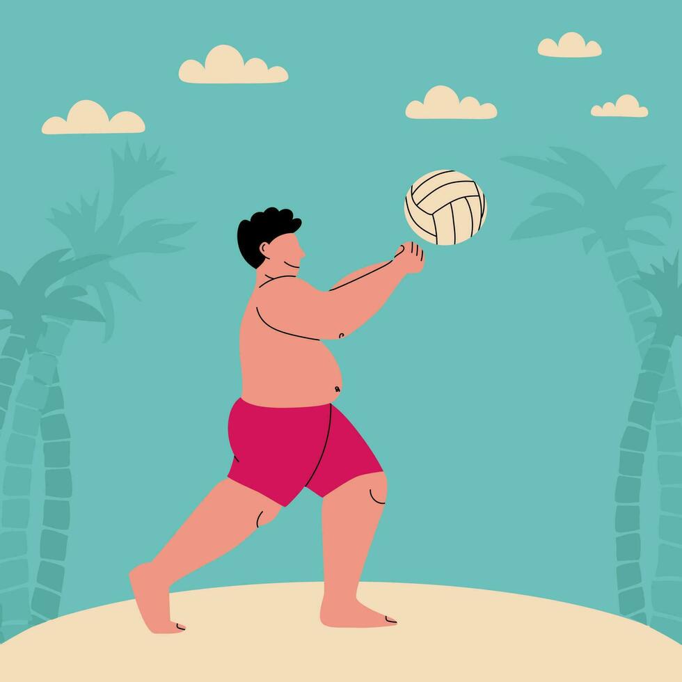 knubbig man i simning trunkar spelar boll. strand volleyboll. rolig platt vektor illustration. fett man på strand med handflatan träd och moln. sport av stor människor.