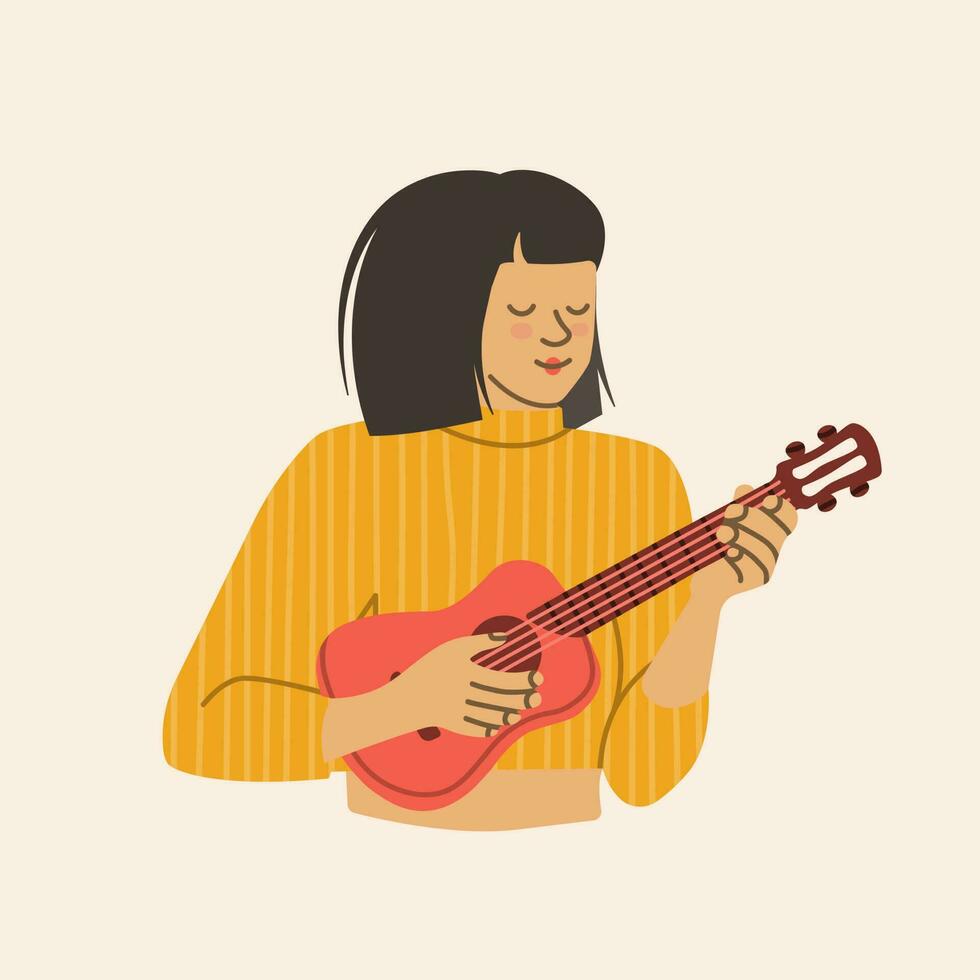 Frau Musiker. Mädchen mit ein klein Gitarre. glücklich Frau im Theaterstücke Ukulele. Vektor Illustration isoliert auf Weiß Hintergrund.
