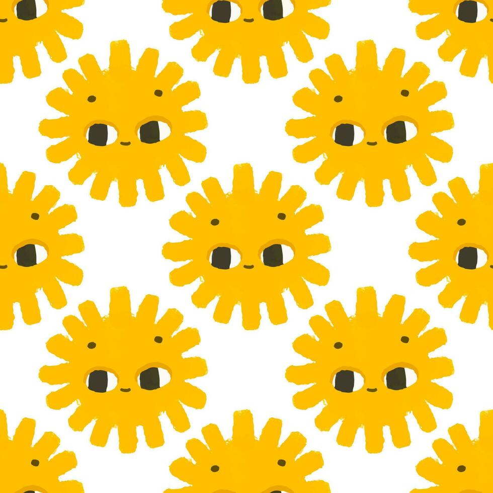 enkel sömlös mönster med rolig gul solar med ansikte. söt barnslig konst med Sol på vit bakgrund. bebis design och skriva ut, tyg design, vägg konst, omslag papper vektor