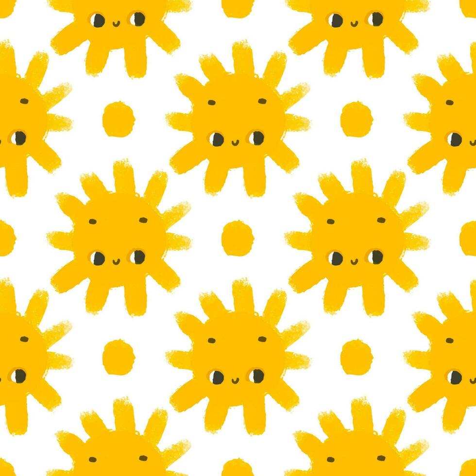 einfach nahtlos Muster mit komisch Gelb Sonnen mit Gesicht. süß kindisch Kunst mit Sonne auf Weiß Hintergrund. Baby Design und drucken, Stoff Design, Mauer Kunst, Verpackung papper vektor