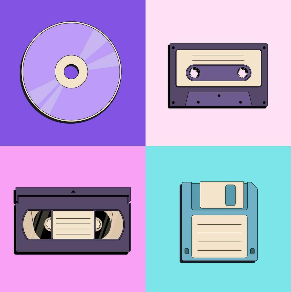 retro diskett disk, kompakt skiva, årgång kassett, video spela in ikoner i platt stil isolerat på Färg bakgrund. tillbaka till 90-tal. nostalgi för 1990 Utrustning vektor