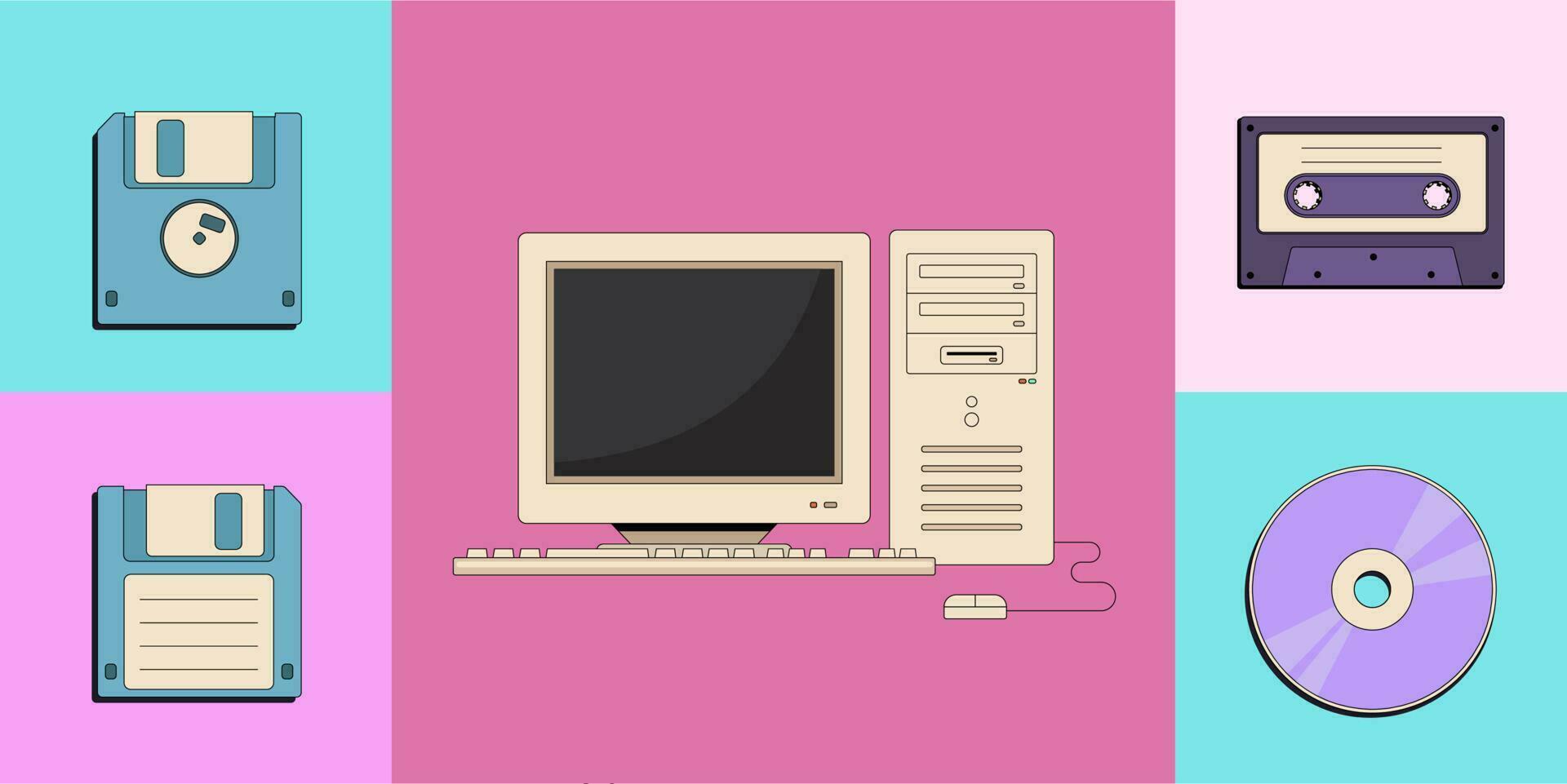 tillbaka till 90-tal. platt vektor uppsättning av gammal dator pc, årgång video kassett, retro diskett disk, tejp inspelare kassett och kompakt skiva. nostalgi för 1990