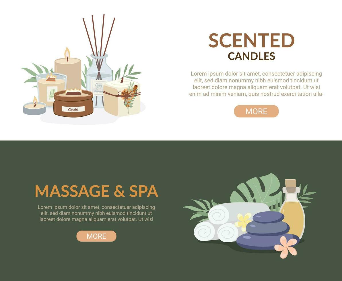 Schönheit und Spa, Aromatherapie Banner Anzeigen mit duftend Kerzen und Massage Steine eben Vektor Illustration.