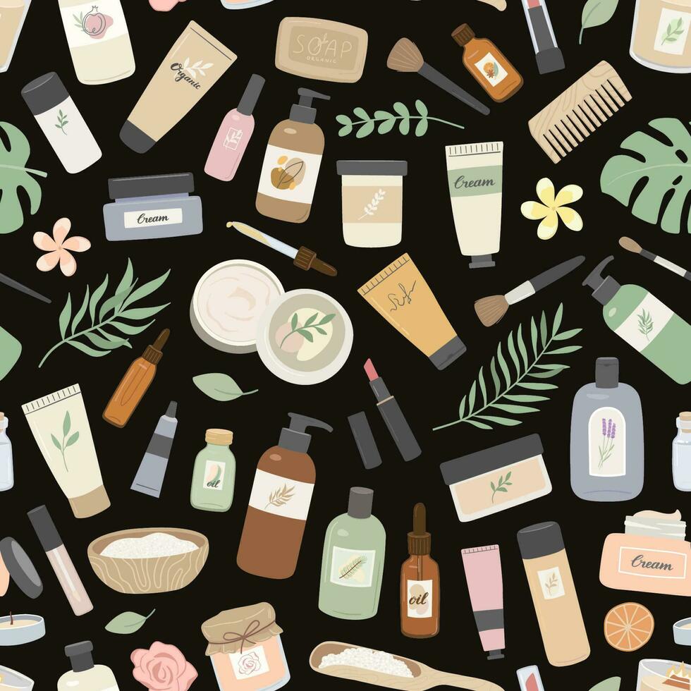 nahtlos Muster mit organisch Kosmetika, Creme, Lotion, Shampoo, wesentlich Öl, bilden, Meer Salz. Haut und Haar Pflege Produkte und tropisch Blätter eben Vektor Illustration