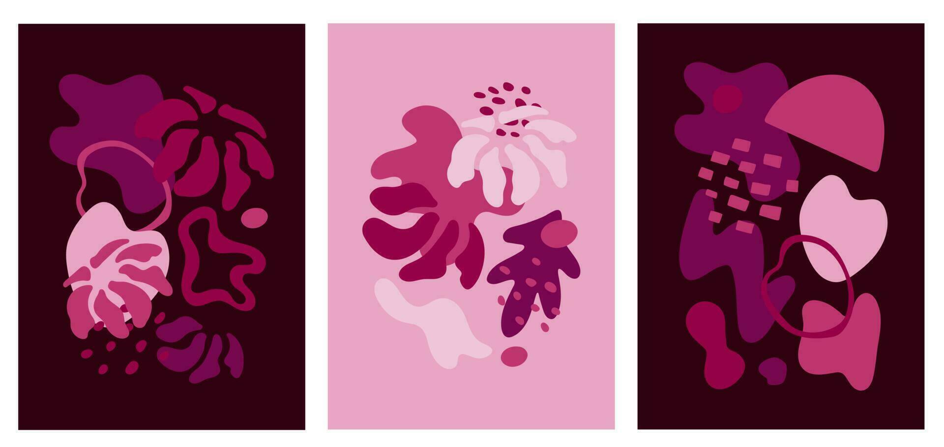 uppsättning av modern abstrakt former och blomma affischer. magenta och rosa geometrisk bakgrund, vektor illustration. minimalistisk form