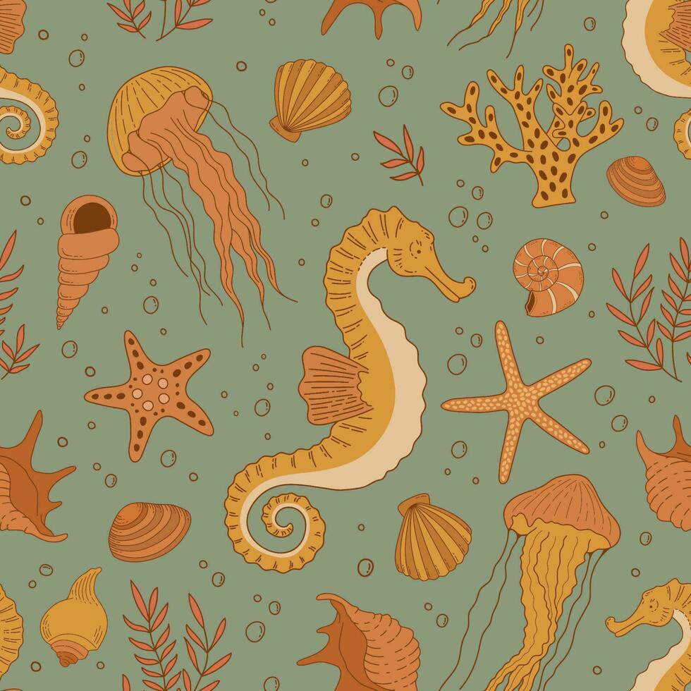 nahtlos Muster mit Hand gezeichnet Seepferdchen, Qualle, Muscheln, Sterne und Koralle auf Grün Hintergrund. Jahrgang Meer Leben Vektor Ornament. unter Wasser Welt Illustration