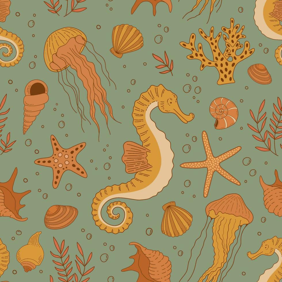 sömlös mönster med hand dragen sjöhäst, manet, skal, stjärnor och korall på grön bakgrund. årgång hav liv vektor prydnad. under vattnet värld illustration