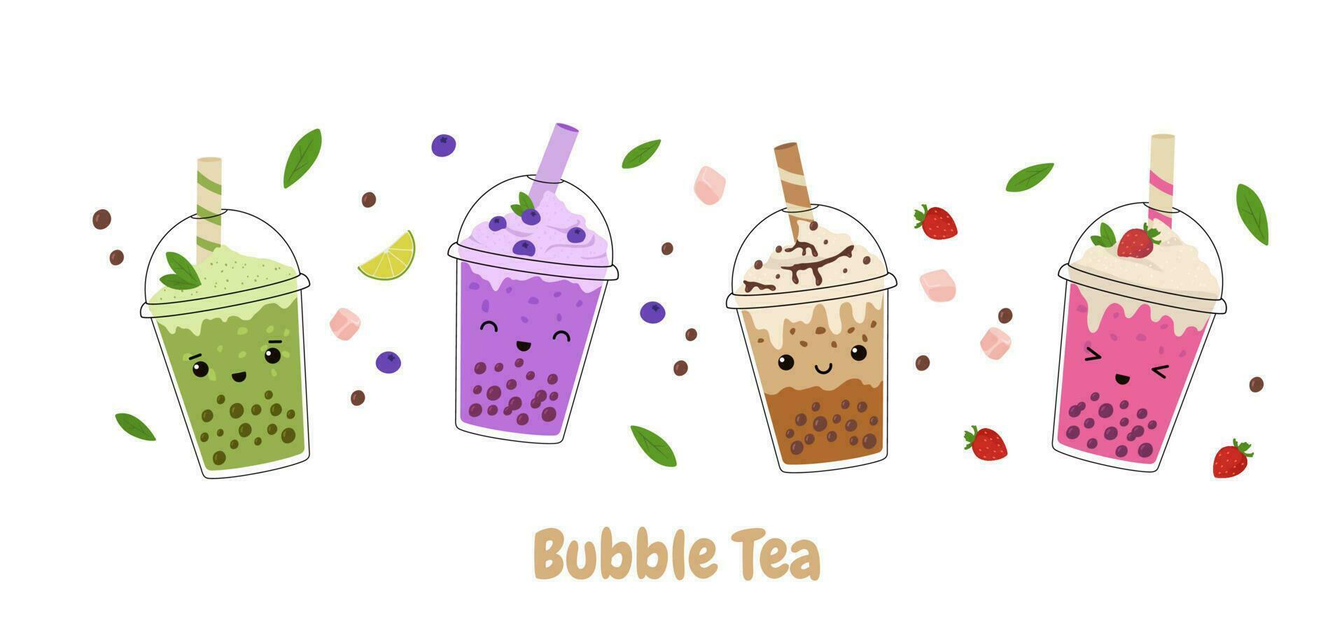 söt bubbla mjölk te med tapioka pärlor uppsättning. asiatisk taiwanese dryck. tecknad serie vektor illustration.