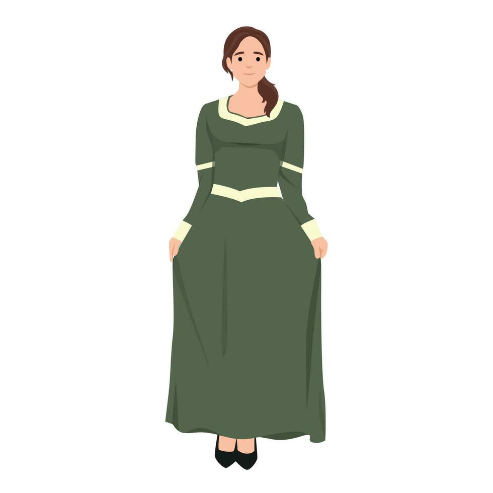 tudor mode. medeltida kvinna i en grön huvudbonad och en klänning broderad med guld. historisk kostym vektor