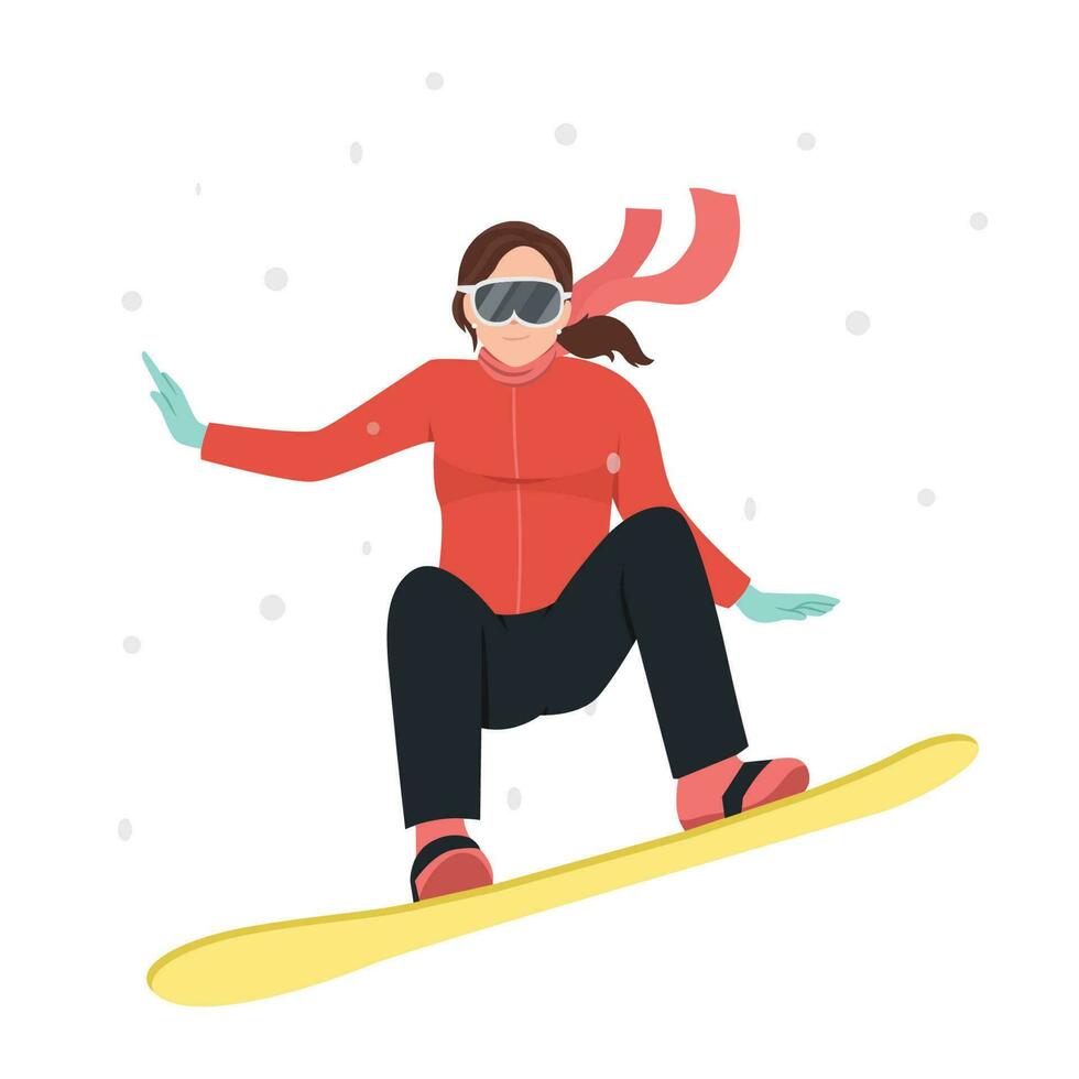 ein Mädchen Snowboarder Fahrten ein Snowboard. Sprungbrett springen. Winter Aktivitäten. Wintersport. extrem Sport. vektor