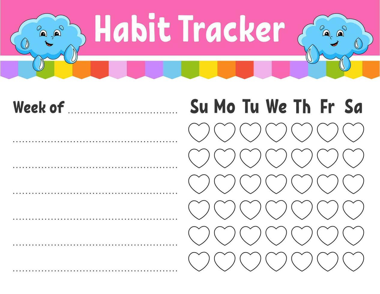 Gewohnheitstracker für Kinder. Blattvorlage zum Ausdrucken. mit süßem Charakter. Vektor-Illustration. vektor