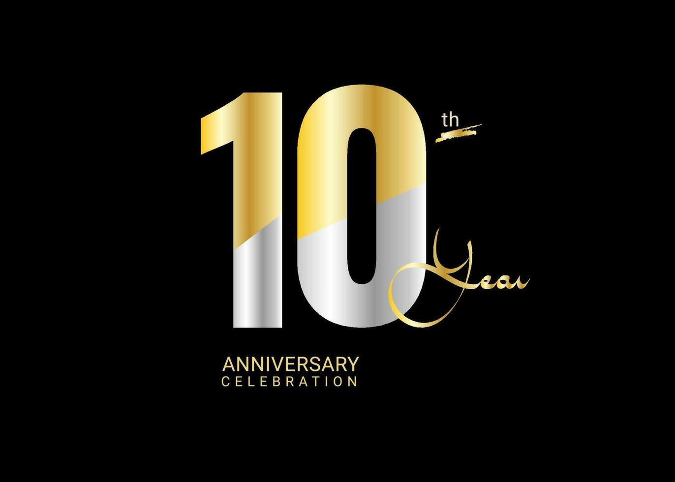 10 år årsdag firande guld och silver- vektor mall, 10 siffra logotyp design, 10:e födelsedag logotyp, logotyp årsdag, vektor årsdag för firande, affisch, inbjudan kort