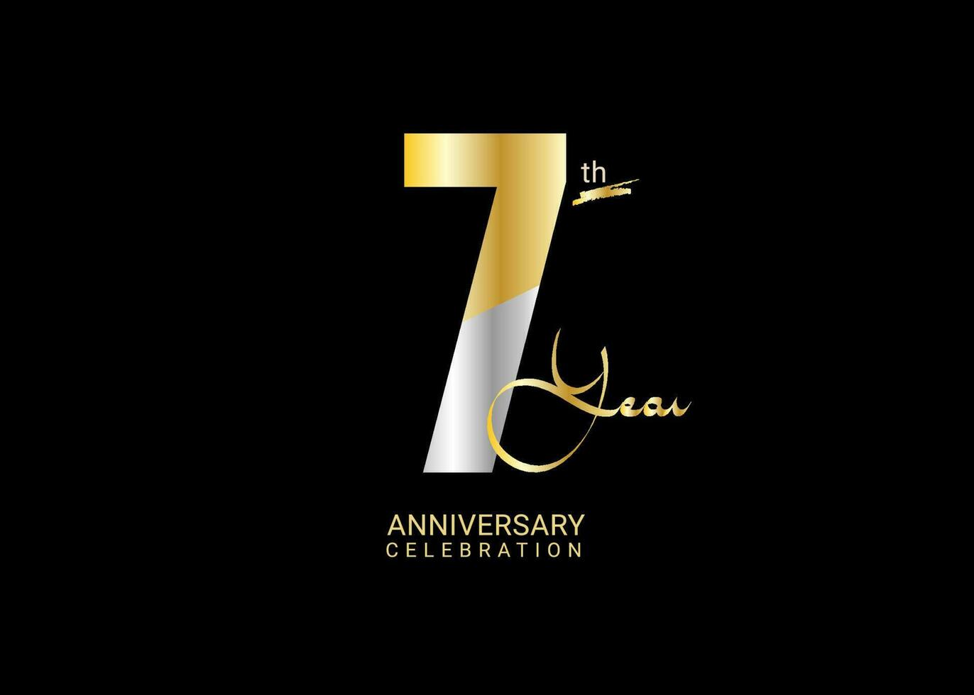 7 år årsdag firande guld och silver- vektor mall, 7 siffra logotyp design, 7:e födelsedag logotyp, logotyp årsdag, vektor årsdag för firande, affisch, inbjudan kort