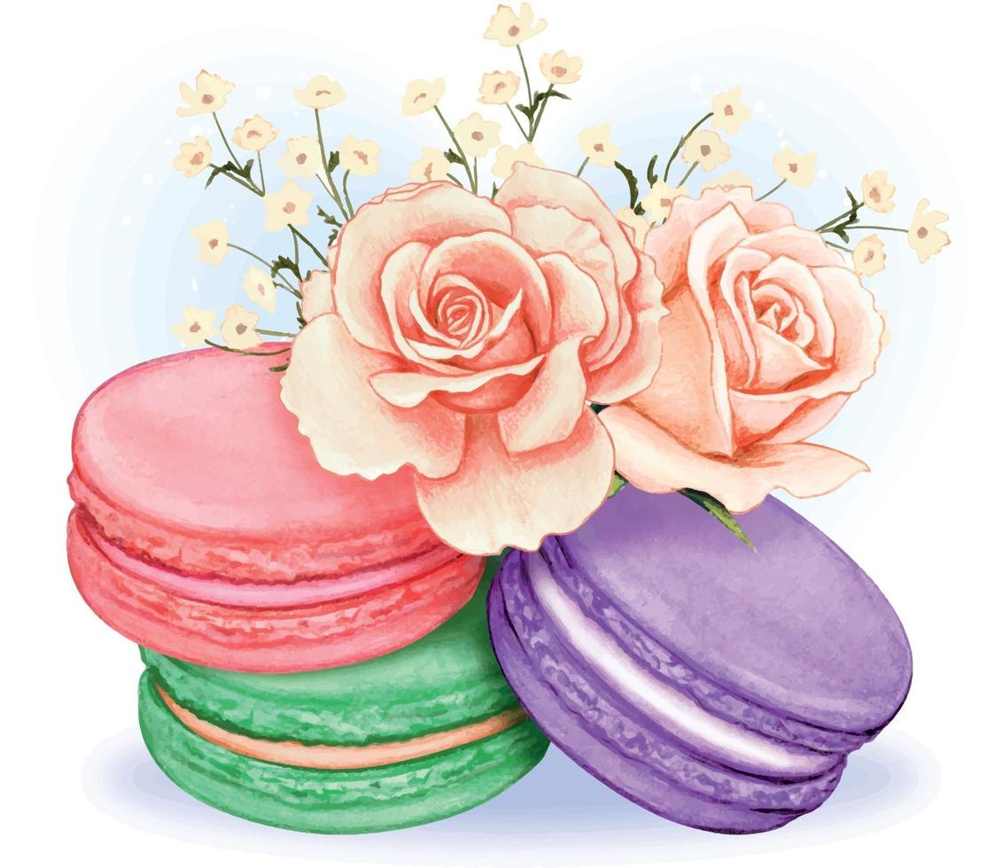 söta akvarell pastell macarons med rosa rosor bukett vektor