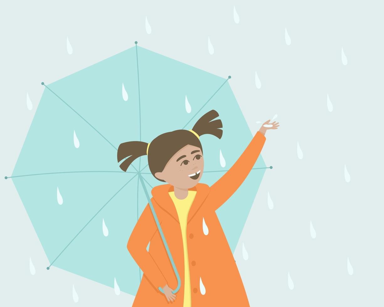 glad liten flicka fångar regndroppar i handflatan vektor