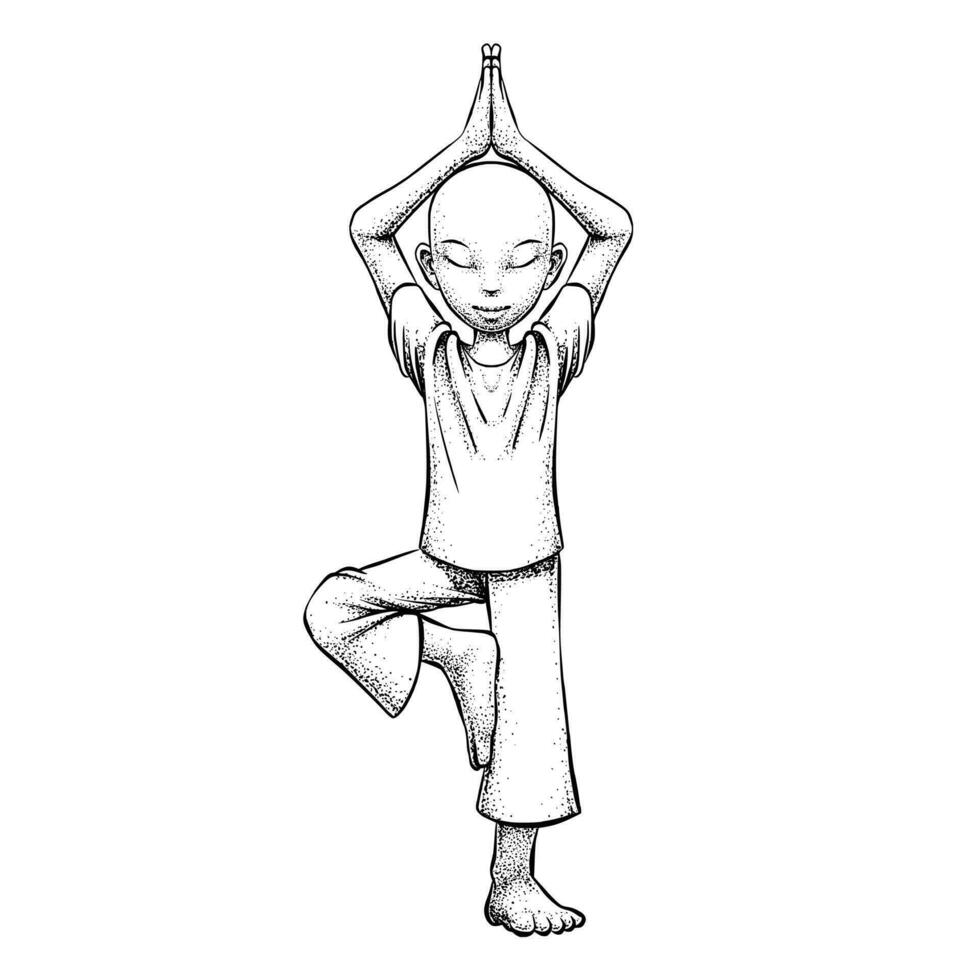 yoga illustration dragen i pointilism Metod färgad i svart och vit vektor