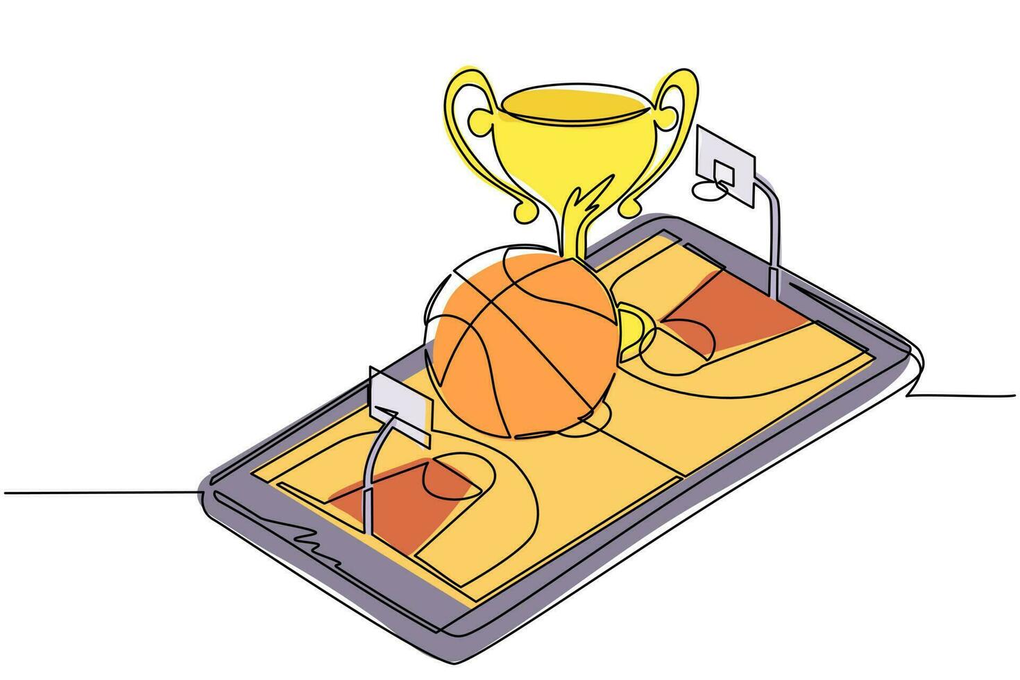 kontinuerlig en rad ritning basketboll och trofé cup över virtuell basketplan smartphone skärm. online basketspel. smartphone-applikation. enkel rad rita design vektorillustration vektor