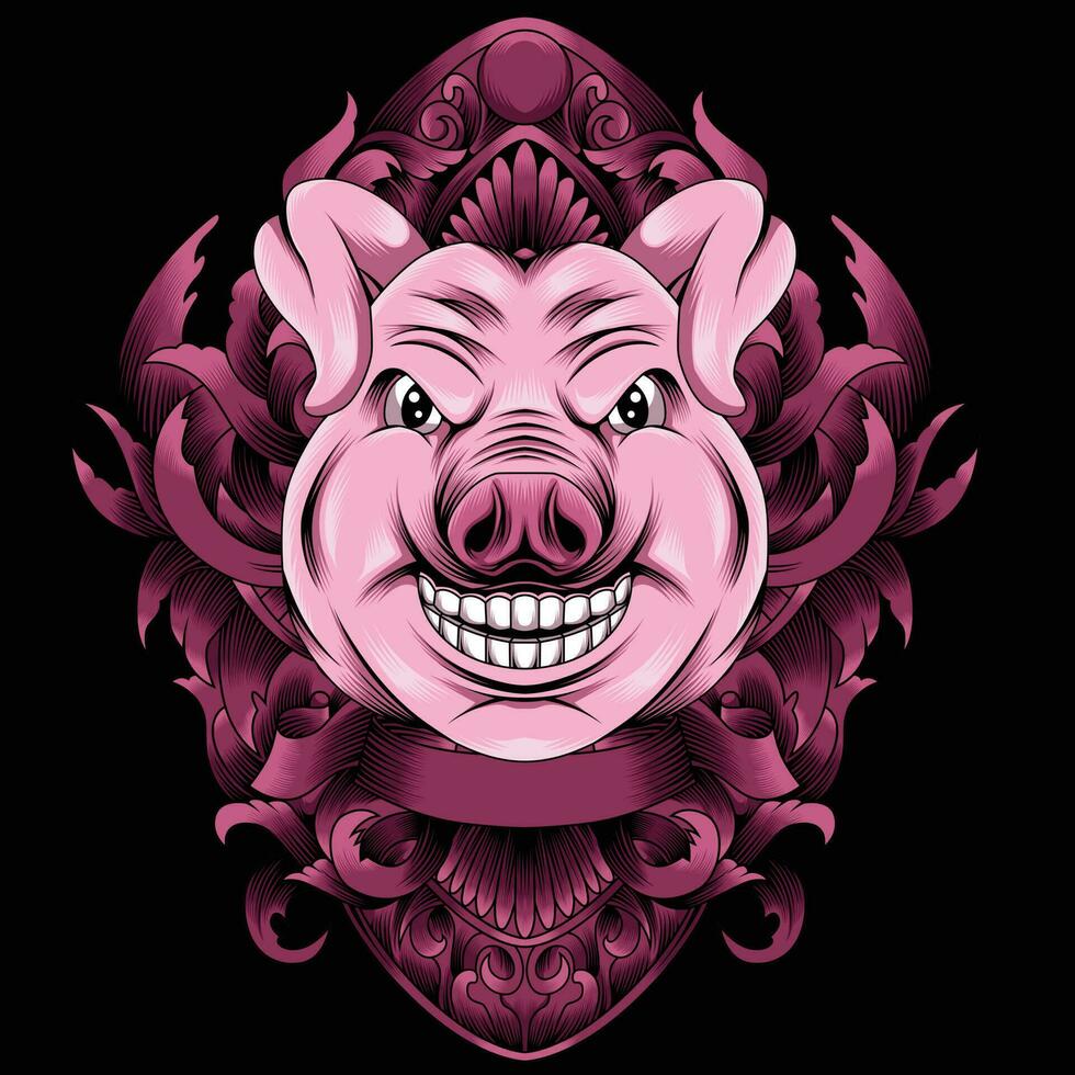 Schwein Kopf Vektor Illustration mit Ornament Hintergrund