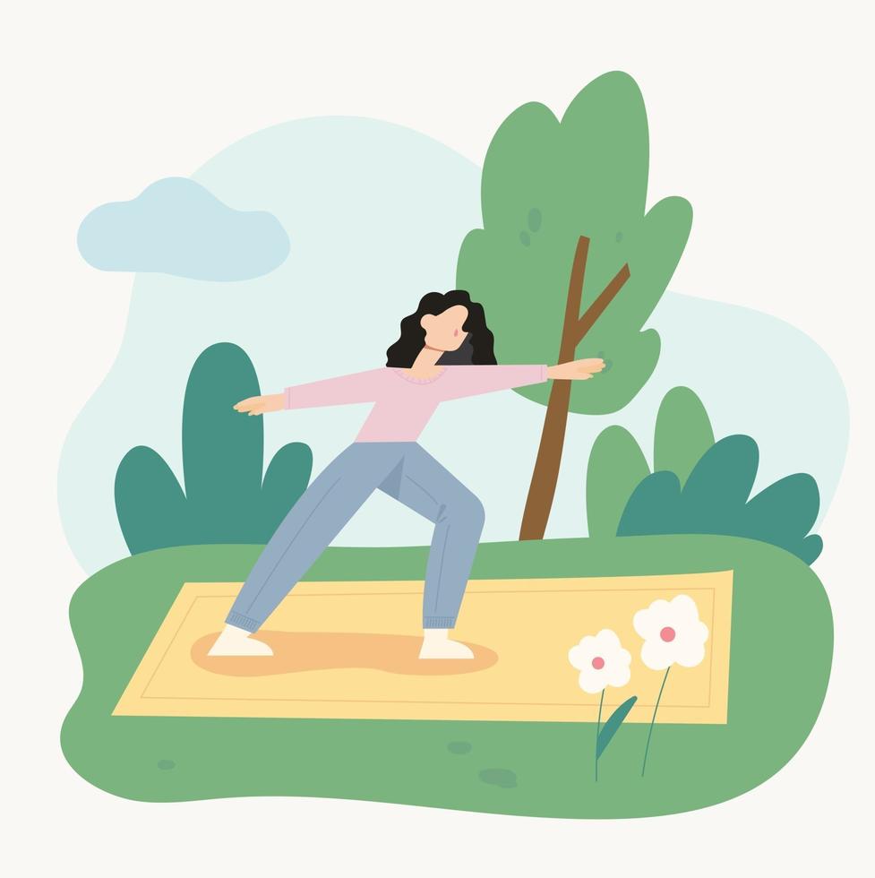 Eine Frau macht Yoga auf einer Matte im Park. flache Designart minimale Vektorillustration. vektor