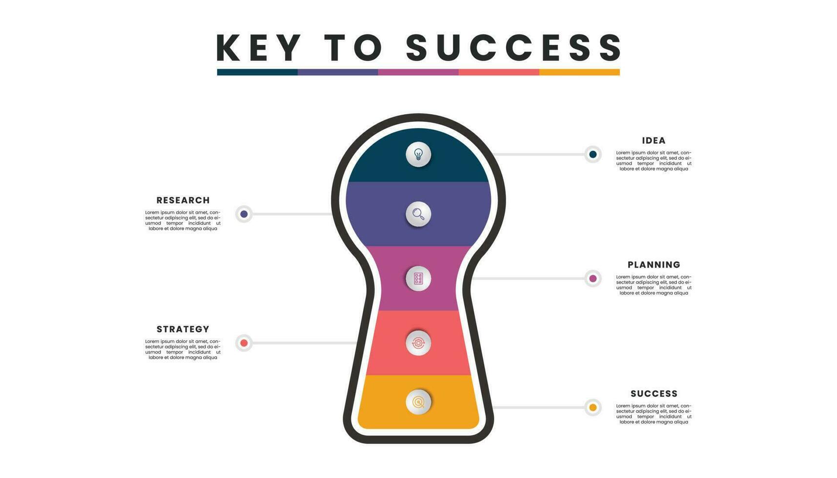 Schlüssel zu Erfolg Infografik. Diagramm Diagramm mit fünf Schritte, Optionen und Symbole. vektor