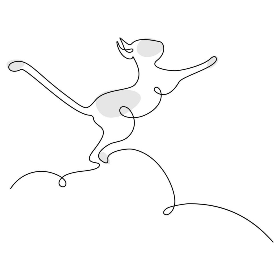abstrakt bild av katt Hoppar upp dragen i ett linje med fläckar i trendig grå nyanser. minimalistisk konst vektor