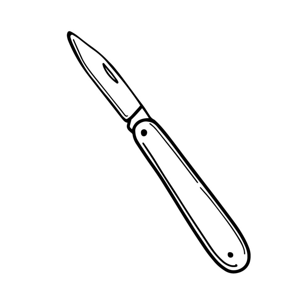 Klappmesser Wandertasche.Tourist tragbares Messer mit einer scharfen Klinge für die Reise. Hand gezeichnete Vektorillustration im Gekritzelstil vektor