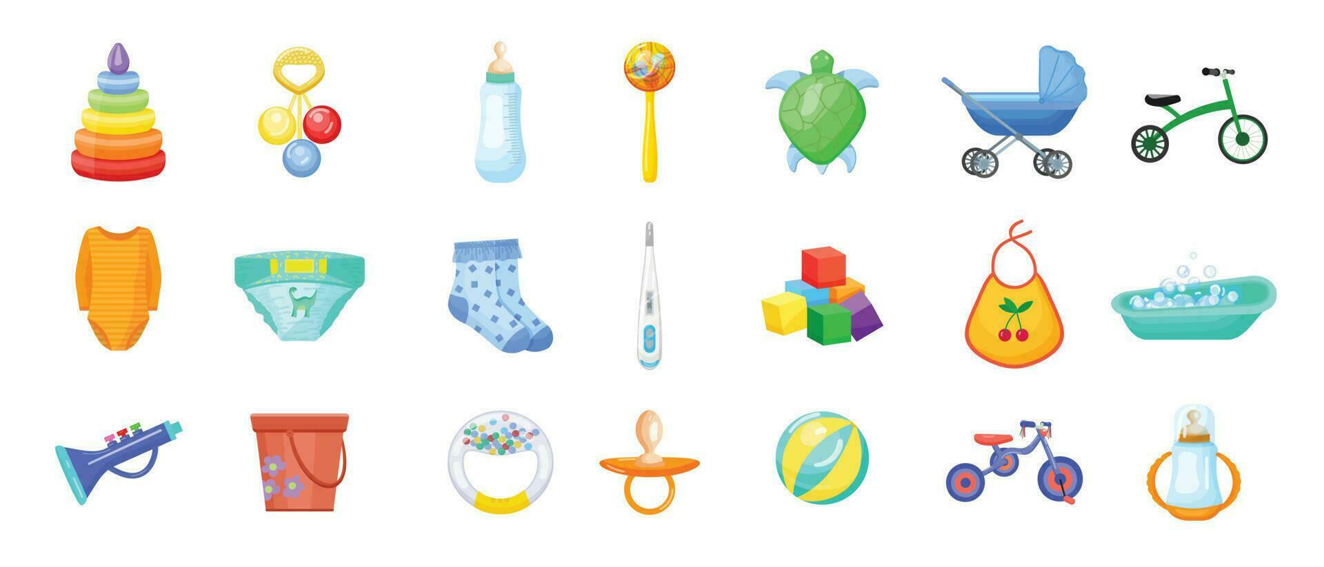 bebis objekt ikoner uppsättning tecknad serie vektor. barn blöja vektor