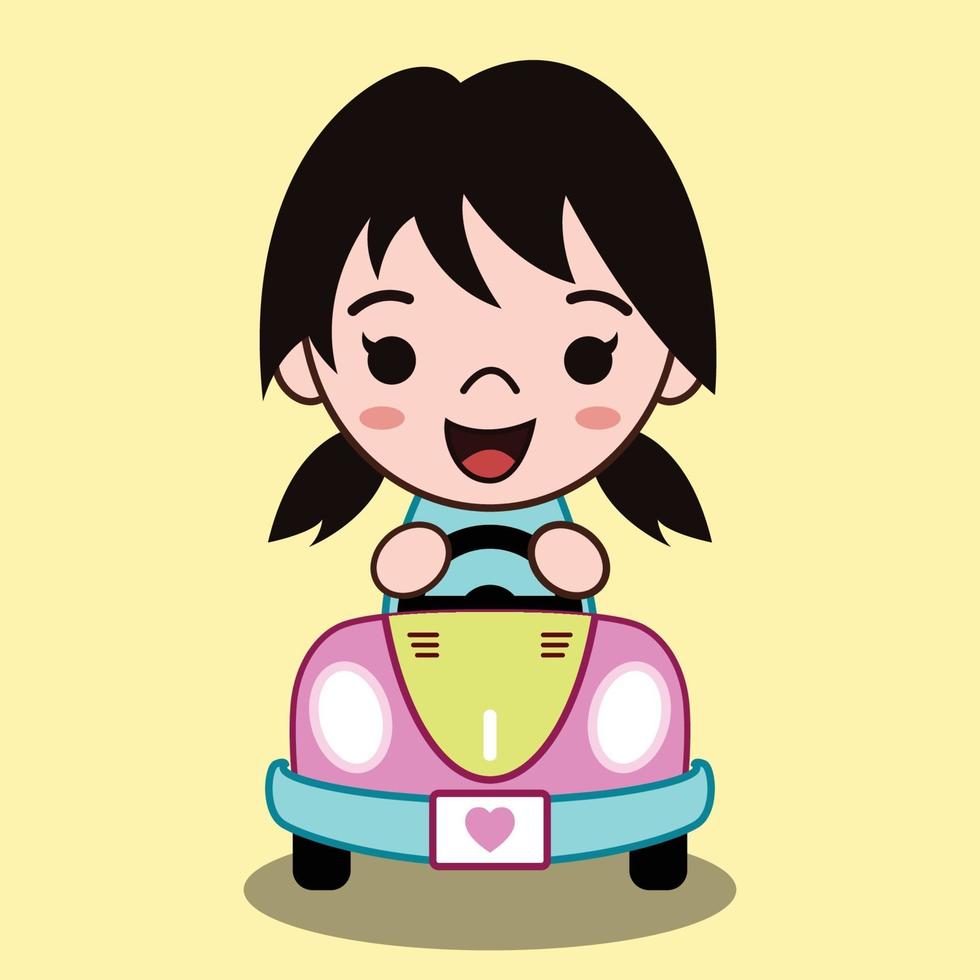 niedliche Karikaturvektorillustration eines Mädchens, das ein Cabrioauto fährt, das sie glücklich lächelt vektor
