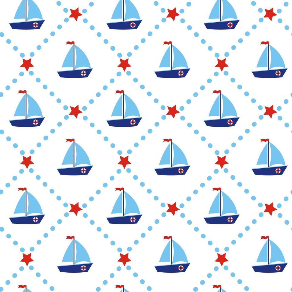 nahtloses Muster des Bootes mit roten Sternen und Streifen nautischer maritimer Yachtschattenbild geometrischer blauer Druck für Babyparty-Scrapbooking-Stoffkarten vektor