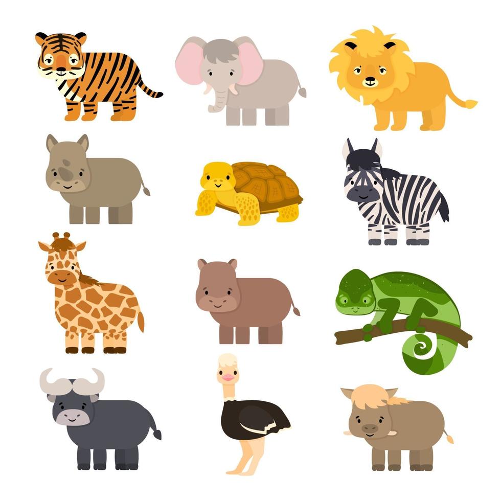 Satz einfache Vektorkarikatur isolierte Savannentiere im flachen Stil. Tiger, Löwe, Nashorn, Warzenschwein, Afrikanischer Büffel, Schildkröte, Chamäleon-Zebra-Strauß, Elefant, Giraffe, Nilpferd für Kinder vektor