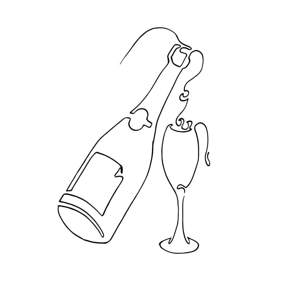 vin, champagne, flaska, glas, linjekonst, teckning, grafisk, illustration, vektor