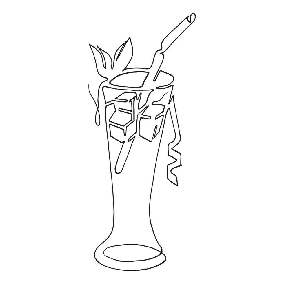 Glas von Wasser mit Eis, Cocktail, Sommer- trinken mit ein Stroh zum Trinken. kontinuierlich einer Linie Zeichnung. exotisch Früchte. lineart Vektor Illustration