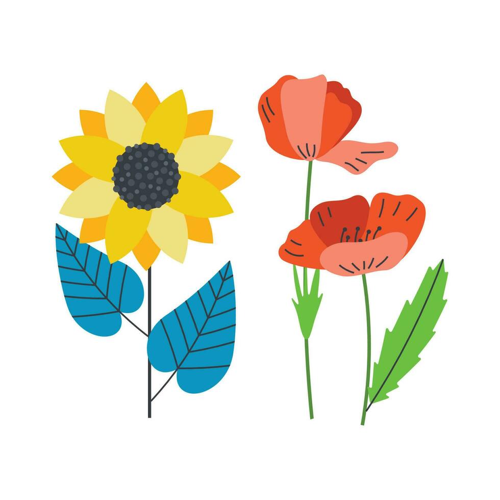 vallmo blommor och solrosor. ukrainska symboler. vektor