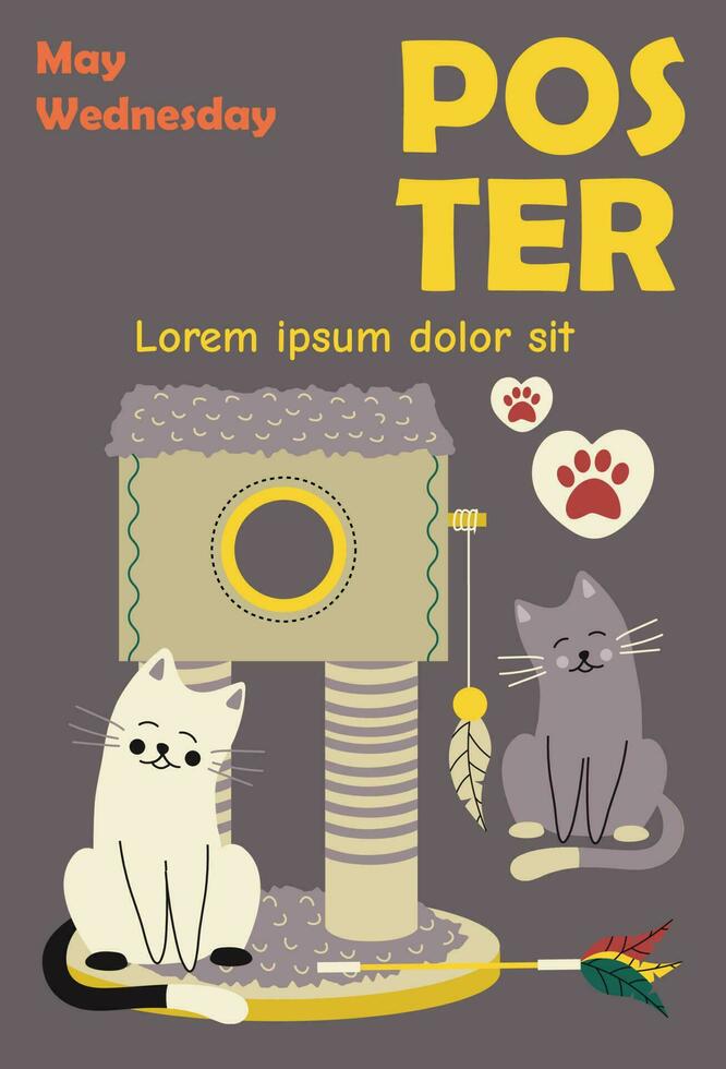 Poster, Banner Vorlage Design mit Anspitzer, Spielzeug mit Gefieder, Katze mit Halsband und Text. Typografie. vektor
