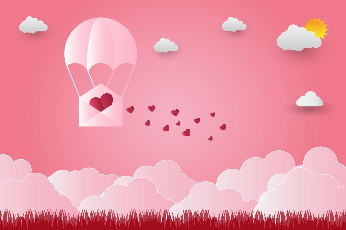Valentinstagballons in einem herzförmigen Fliegen über Grasansichtshintergrund, Papierkunststil. Vektorillustrator vektor