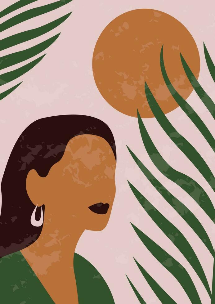 abstrakt porträtt illustration av kvinna med tropisk löv. modern boho stil bakgrund för konst skriva ut, affisch, kort, dekor, toto väska. vektor