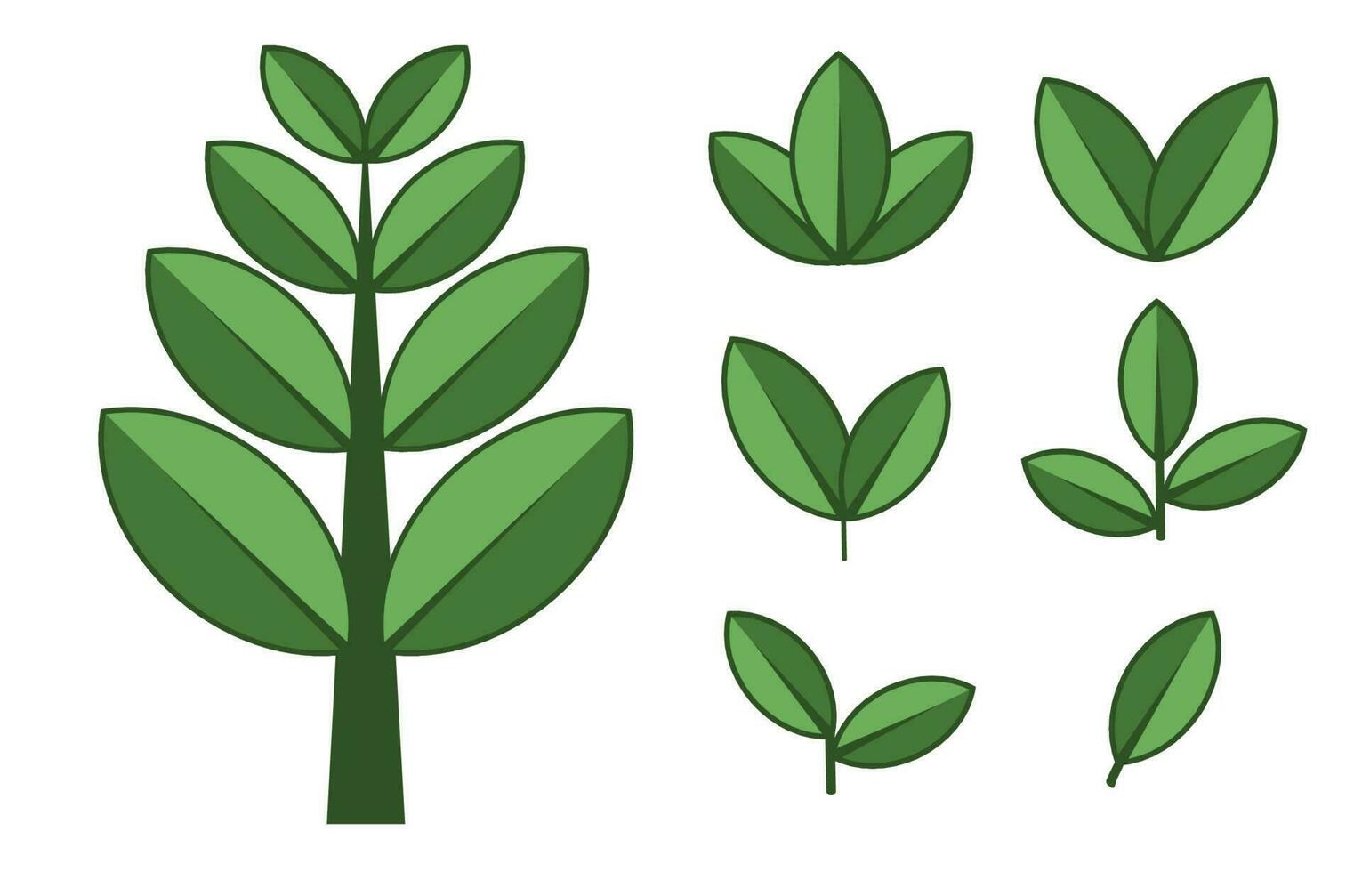 uppsättning av träd och grön löv. element för eco och bio logotyper. olika former av grön löv. vektor