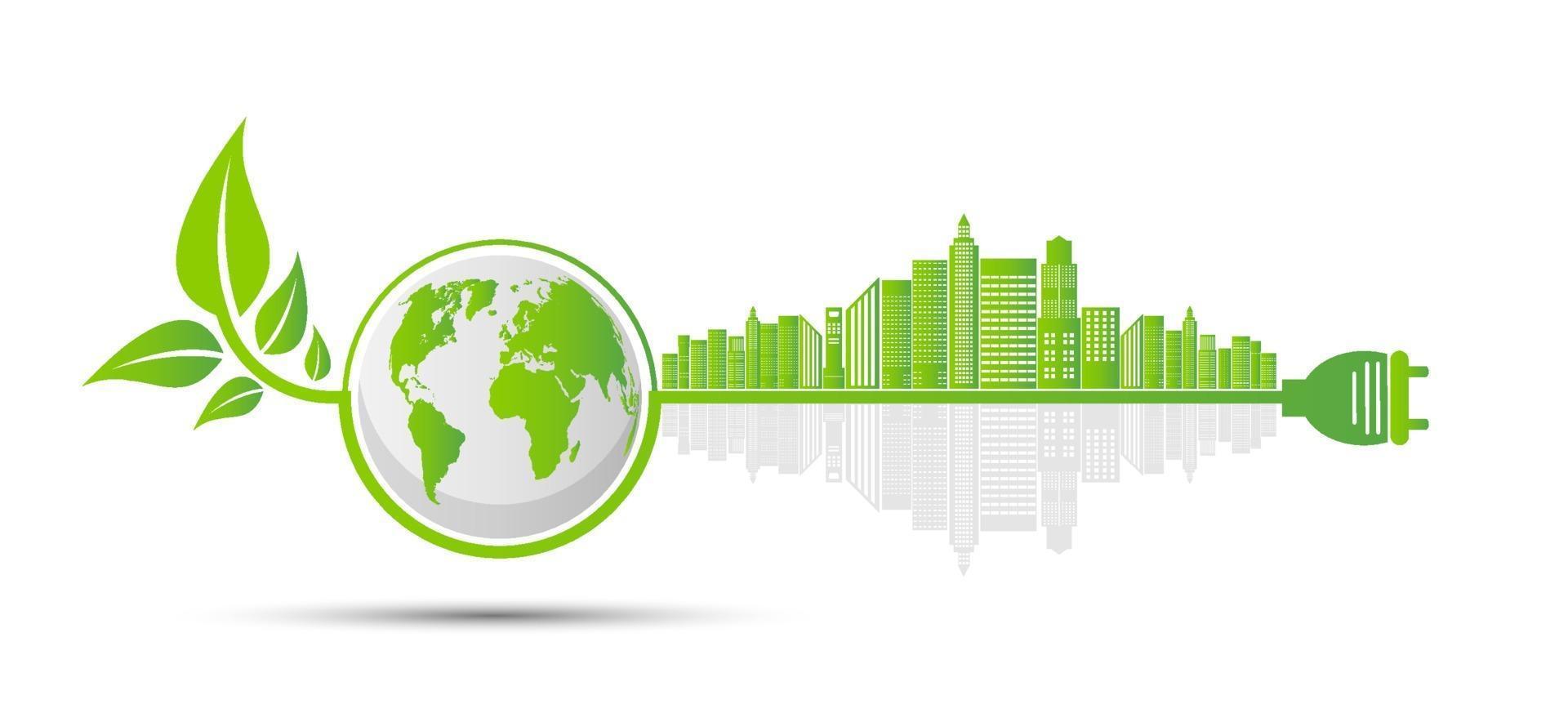 ekologi och miljöbegrepp, jordsymbol med gröna blad runt städer hjälper världen med miljövänliga idéer vektor