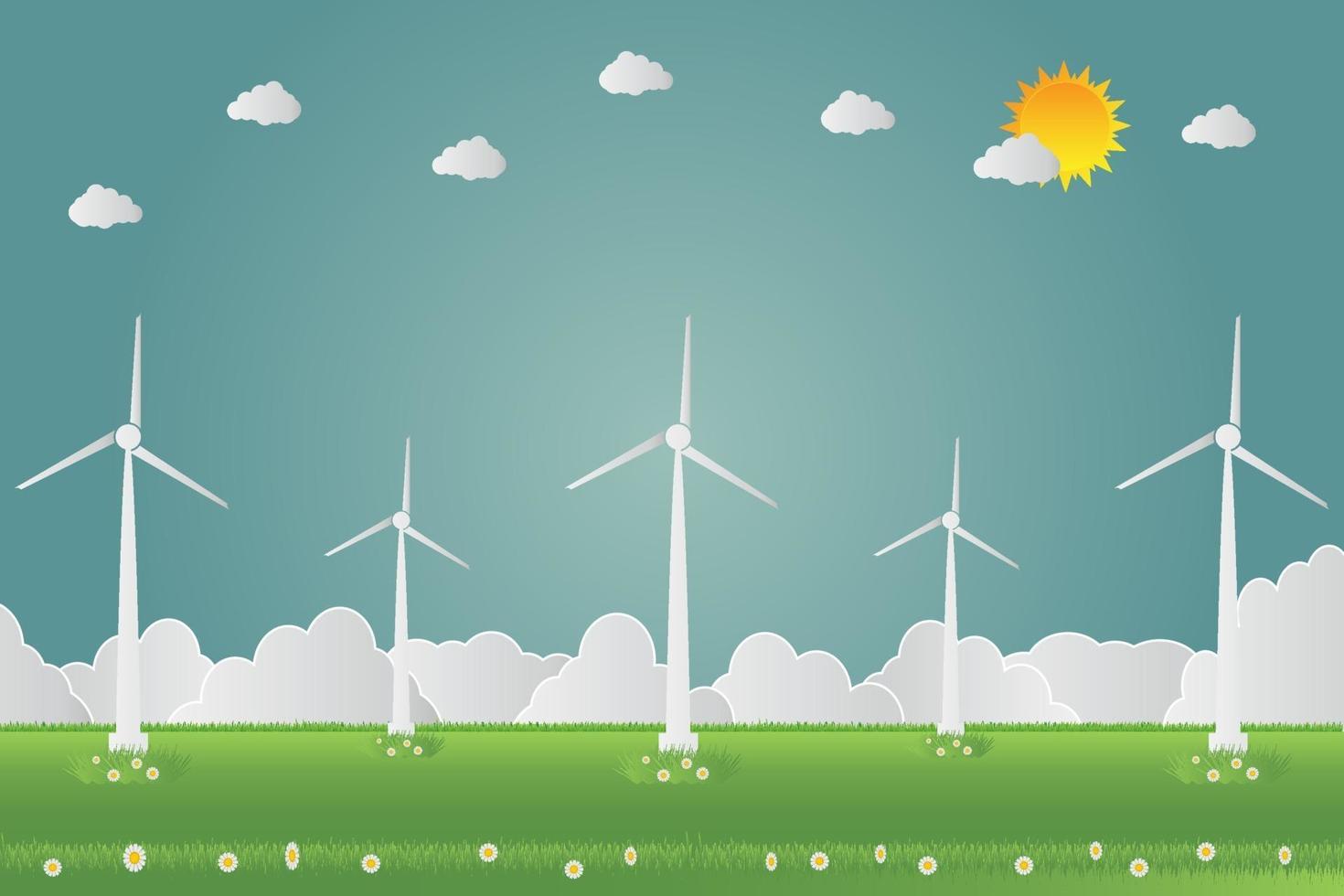 Windkraftanlagen mit sonnenreiner Energie mit umweltfreundlichen Straßenkonzeptideen. Vektorillustration vektor