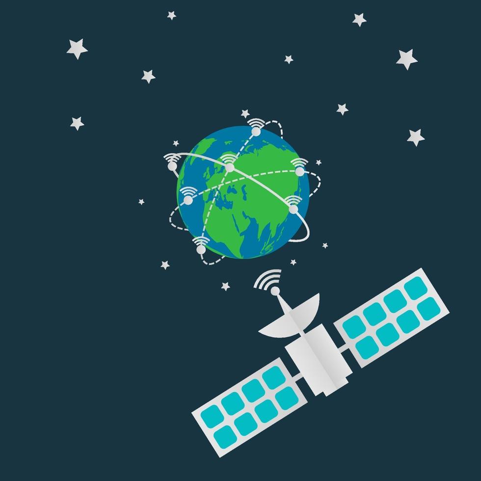 Kommunikationssatelliten in der Erdumlaufbahn, digitale terrestrische Rundfunkantenne drehen sich um die Welt vektor