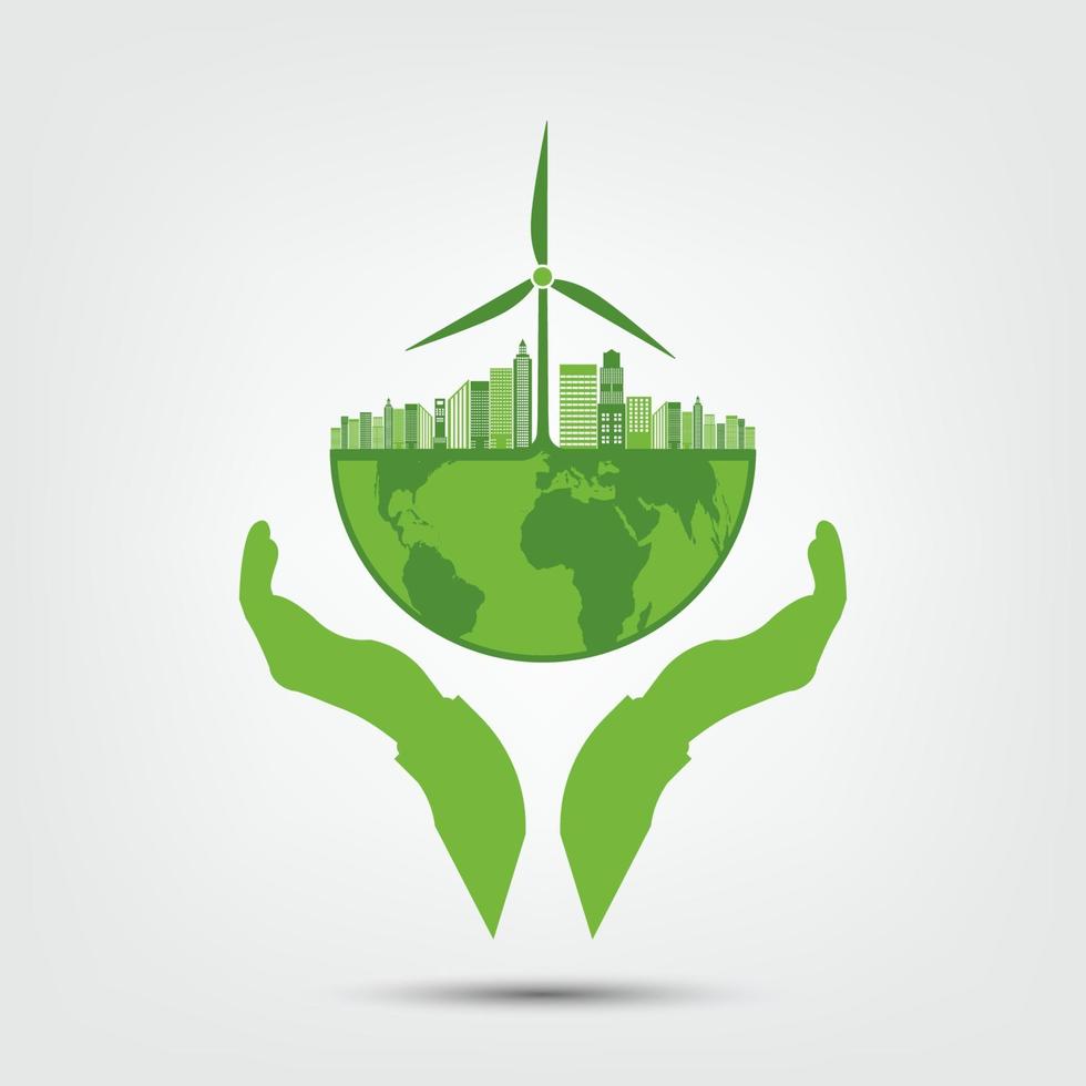 Ökologie- und Umweltkonzept, Erdsymbol mit grünen Blättern um Städte helfen der Welt mit umweltfreundlichen Ideen vektor