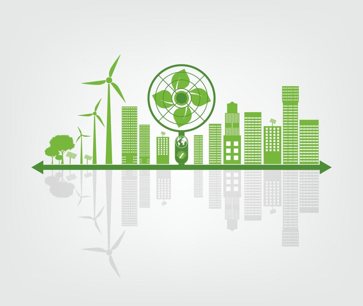 ekologi och miljöbegrepp, jordsymbol med gröna blad runt städer hjälper världen med miljövänliga idéer vektor