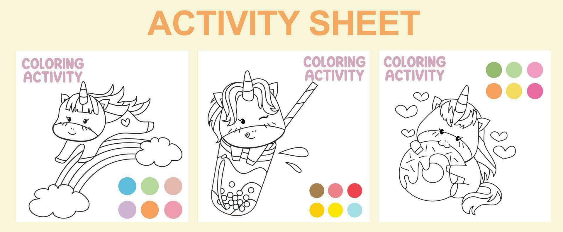 aktivitet ark för barn. 3 i 1 pedagogisk tryckbar arbetsblad. färg aktivitet för ungar. färg sida med enhörning tema. vektor illustrationer.