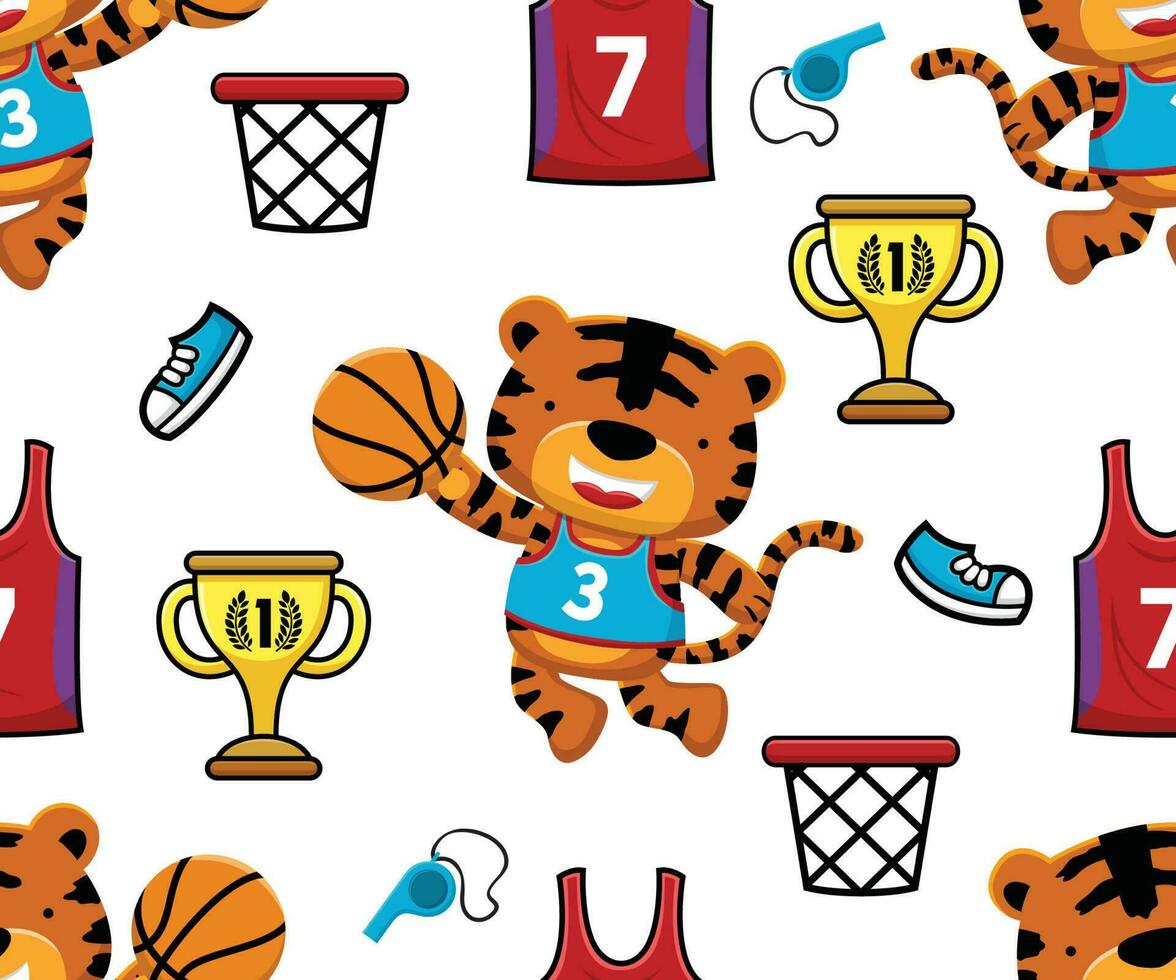 sömlös mönster vektor av tecknad serie tiger spelar basketboll, basketboll element illustration