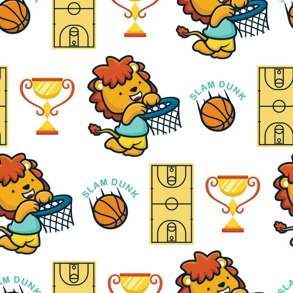 sömlös mönster vektor av tecknad serie lejon spelar basketboll, basketboll element illustration