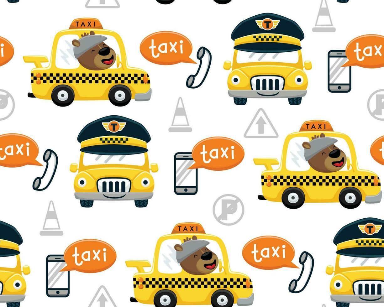 nahtlos Muster Vektor von Karikatur Bär Fahren Taxi, Handy, Mobiltelefon Transport Elemente und der Verkehr Zeichen